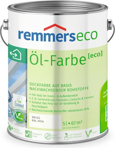 Remmers Dauerschutz-Farbe 3in1 [eco] weiß, 5 Liter – Premium Schutz für innen und außen - Lacke – Wasserbasierte, hoch elastische Farbe mit 3in1-Funktion: Isoliergrund, Zwischen- und Schlussbeschichtung. Ideal für Holz und bietet hervorragenden Wetterschutz.