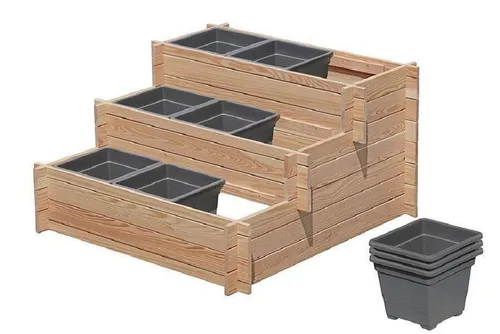 Stufenbeet 3 Stufen mit 9x Pflanzkasteneinsatz aus Lärchenholz - Hochbeet in rechteckiger Form, ideal für Gartenliebhaber, bietet Platz für zahlreiche Pflanzen und sorgt für eine optimale Wachstumsumgebung.