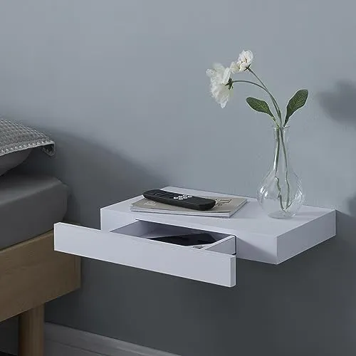 [en.casa] Wandregal Hyvinkää mit Schublade - Schweberegale: Platzsparendes Hängeregal in Weiß, inklusive Schublade für stilvolle Aufbewahrung – ideal für Schlafzimmer oder Wohnzimmer