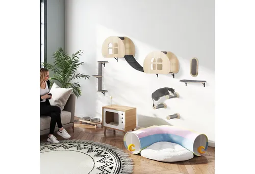 PwaHut Kletterwand Katzen 7-teilig - Kratzbäume: Komplettes 7-teiliges Kletterset für Katzen bis 5 kg, bietet eine vertikale Spielwelt mit sicherem und stabilem Aufbau, ideal für kleine Räume.