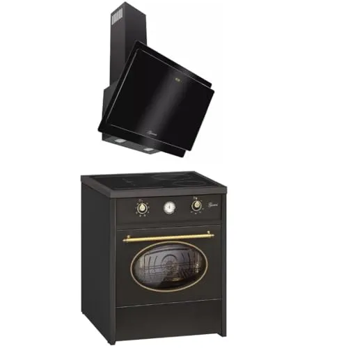 GURARI Herdset GCH E 612 BL r + GCH S 411 60 BL Prime, Retro Induktions Standherd 60 cm, Range Coocker, 60 L, Schwarz + Dunstabzugshaube, Wandhaube, Kopffrei Haube 60 cm, Schwarzglas, Abluft/Umluft