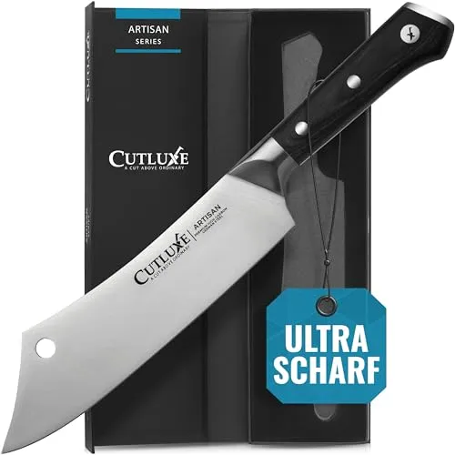 Cutluxe Kochmesser Hybridmesser 20cm – Küchenbeil aus deutschem Stahl | Ergonomischer Pakkawood-Griff mit Vollschaft; handgeschärft bei 14-16°; über 56 HRC