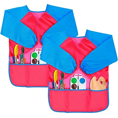 Gwolf Malkittel 2 Stück Malschürze Schule 7-10 Jahre, Wasserdichte Werkschürze mit Ärmeln und 3 Taschen, Malhemd für Malerei, Kochen, Essen, Labor (Rosa)