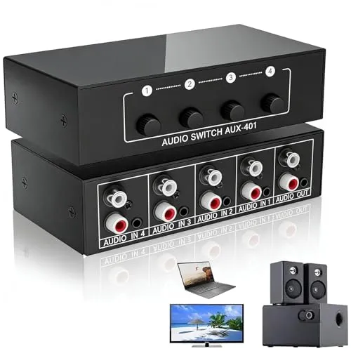 Tkxjry Audio Video Splitter 4 In 1 Out,Audio Switch 3,5 Mm Aux + RCA L/R,AUX Audio Switcher,Bidirektional Audio Switcher,Passiv Audio Switcher,Video Audio Splitter für Kopfhörer,Phono,Lautsprecher