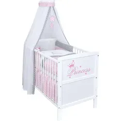 Baby-Delux Babybett Kinderbett Natalie Princess 140×70 Weiß mit Matratze und Bettset - Kombiniertes Baby- und Kinderbett mit bezauberndem Princess-Motiv, aus massiven Kiefernholz. Mit 3 herausnehmbaren Schlupfsprossen und höhenverstellbarem Lattenrost – ideal für eine sichere und gemütliche Schlafumgebung.