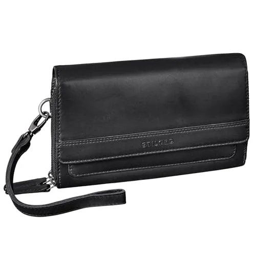 STILORD 'Sabrina' 4-in-1 Leder Geldbörse mit Handyfach Damen Groß echt Leder Clutch Multifunktionale Umhängetasche Portemonnaie mit Handytasche 7 Zoll RFID/NFC Schutz, Farbe:schwarz
