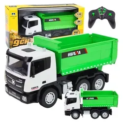 Ferngesteuerter RC-Dumper 1:18 Grün - Realistischer ferngesteuerter Muldenkipper im Maßstab 1:18. Mit Soundeffekten, Lichtern und automatischer Fahrfunktion bietet er spannenden Spielspaß und fördert die Kreativität beim Nachstellen von Baustellen.
