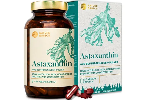 Nature Basics Hochwertiges Astaxanthin aus Blutregenalgen-Pulver 120 Kapseln - Pflanzenextrakte mit 7,8 mg natürlichem Astaxanthin pro Kapsel. Ideal für Sportler:innen, unterstützt die Gesundheit durch hohe Bioverfügbarkeit und nachhaltige Gewinnung.