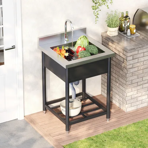 MODFU Outdoor Edelstahl-Spülbecken mit Wasserhahn und Abfluss - 60x60cm, Schwarz - Robustes Edelstahl-Spülbecken für Innen- und Außenbereiche. Ideal für Küche, Garten oder Werkstatt. Mit großzügiger Spülfläche und praktischem Zubehör für vielseitige Nutzung.