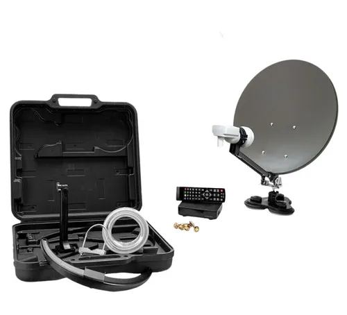 XORO 38,5 cm Camping Satellitenantenne MCA 38 HD Set - inkl. FullHD DVB-S2 Receiver, integrierter Satfinder für einfaches Ausrichten, ideal für Camping und unterwegs