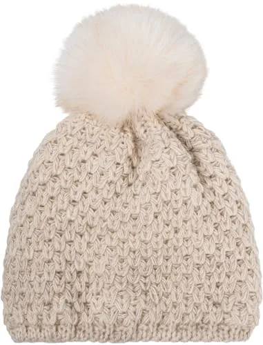 styleBREAKER Kinder Bommelmütze Gehäkelt mit V-Muster, Warmes Thermo Fleece Futter, Winter Fellbommel Mütze, 2-4 Jahre 04024208, Farbe:Beige