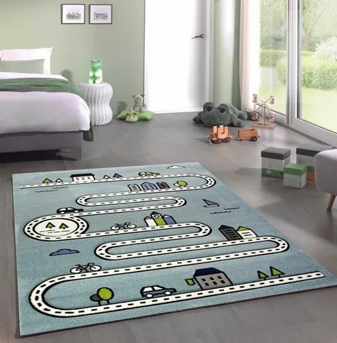 Carpetia Kinderteppich Straßenteppich blau - Flachgewebe-Teppich mit auto-inspiriertem Design, perfekt für kreative Spielmomente und pflegeleicht für jedes Kinderzimmer.