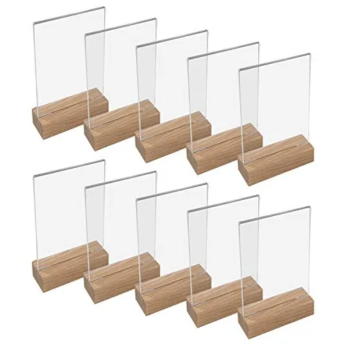 HMF 46940 Acryl Tischaufsteller mit Holzfuß | 10 Stück | DIN A6 Hochformat | Glasklar
