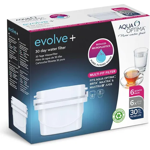 Aqua Optima Evolve+ Wasserfilterkartusche 6er Pack - Wasserfilterkartuschen für Trinkwasser, Vorrat für 6 Monate, kompatibel mit Brita Maxtra+ & PerfectFit, 5-stufiges Filtersystem reduziert Chlor, Kalk und Verunreinigungen.