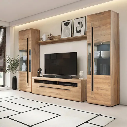 Moderne Wohnwand in Eiche, 4-teilig mit 160 cm Lowboard und Vitrinen - TURDA-83 - Elegante Wohnwand in Eiche mit 160 cm Lowboard, Vitrinen und Wandboard. Ideal zur individuellen Raumgestaltung dank vielfältiger Kombinationsmöglichkeiten und moderner LED-Beleuchtung.
