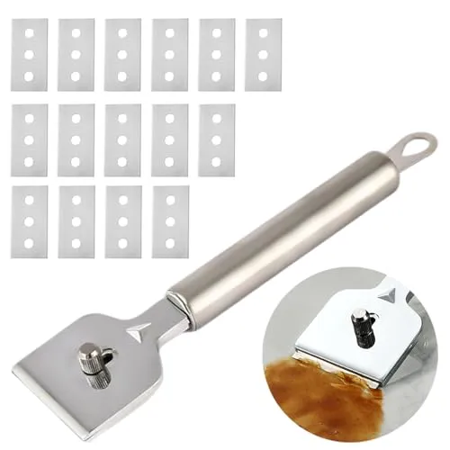 Edelstahl Ceranfeldschaber mit 15 Ersatzklingen - Schaber für Ceranfelder, Induktionskochfelder und Backöfen. Hochwertiger Edelstahl, doppelter Zweck ohne Kratzer und ergonomischer Griff für mühelose Reinigung.