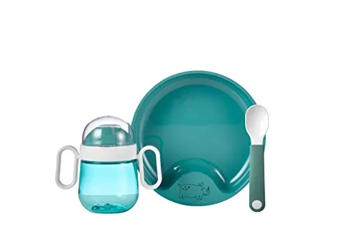 Mepal Baby 3er Geschirrset Mio – Deep turquoise - Kleinkindergeschirrset mit auslaufsicherem Trinkbecher, Lernteller und Lernlöffel, ideal für die Selbstständigkeit von Kindern ab 6 Monaten. Spülmaschinengeeignet und BPA-frei für sichere Nutzung.