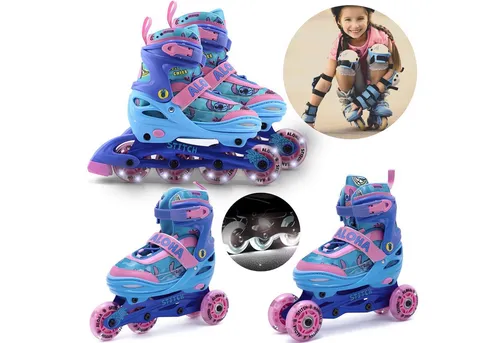 DISNEY Stitch Rollschuhe 3in1, verstellbar mit leuchtenden LED-Rädern - Inliner für Mädchen, ideal für jedes Fahrniveau mit 3 Modi und verstellbarer Größe. Die leuchtenden LED-Räder sorgen für besonderen Fahrspaß und Sicherheit.