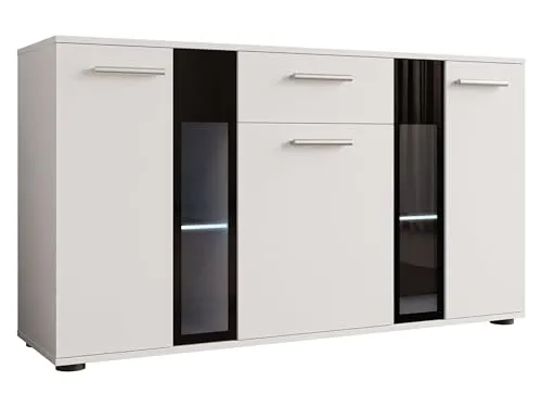 Mirjan24 Kommode Weiß – Stilvolle Aufbewahrung für Ihr Wohnzimmer - Moderne Kommode aus Holzwerkstoff mit 1 Schublade und LED-Beleuchtung in Blau. Perfekt für stilvolle Ordnung im Wohnzimmer, Maße: 141x80x41 cm.