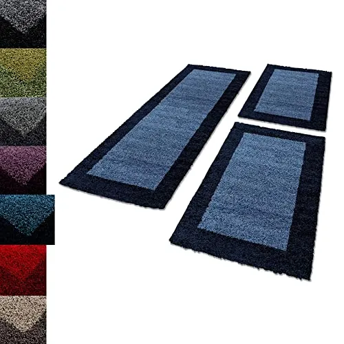Carpettex Bettumrandung Schlafzimmer 3teilig Shaggy Teppich Hochflor Bordüre Muster Marineblau Bettset:2 mal 60x110 + 1 mal 80x250 - Bettvorleger Schlafzimmer Läuferset Langflor Bettumrandung Teppich
