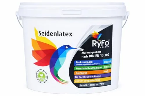 RyFo Colors Seidenlatex Wand- und Deckenfarbe Weiß, 1 L - Hochwertige Seidenlatexfarbe für Innenräume, geruchsarm und leicht zu verarbeiten. Ideal für strapazierfähige Anstriche mit hoher Deckkraft und nachhaltiger Ergiebigkeit für bis zu 8 m².