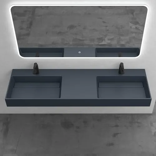 Mai & Mai Col12 Doppelwaschbecken 160x48x13cm - Waschschalen in matt Anthrazit, aus robustem Mineralguss, kratzfest und pflegeleicht – ideal für modernes Bad-Design.