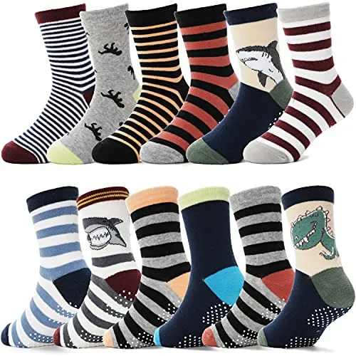 ANTSANG Stoppersocken Kinder Baby Jungen Socken Anti Rutsch / Rutschfeste Geschenk Socken Baumwolle Antirutschsocken für Kinder Jungen Kleinkind 12 Paar(Braun gestreift (12 Paar),24-26)