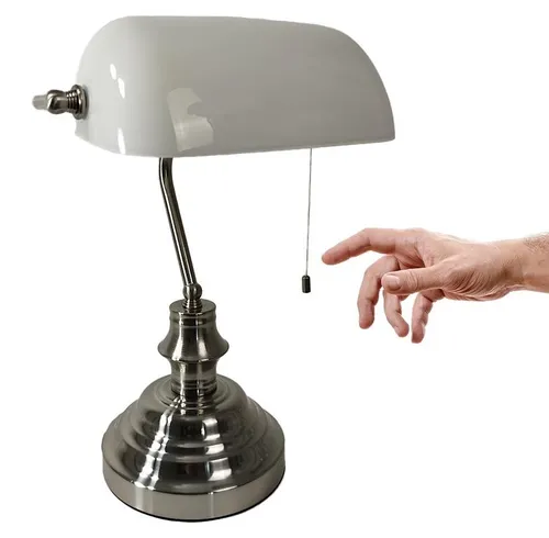 Tischleuchte Bankerslamp mit Zugschalter Nickel-Weiß E27 Schreibtischleuchte