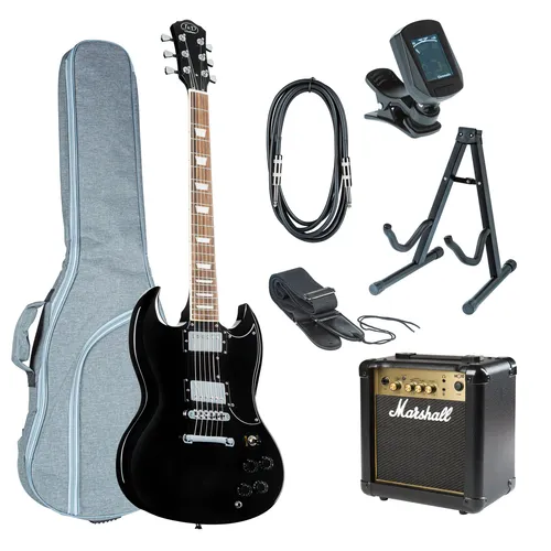 J & D GG1S II BK Black E-Gitarren Anfänger Set - Vielseitiges E-Gitarren Set für Einsteiger, enthält alles für den optimalen Start in die Musik. Mit hochwertigem Mahagoni-Korpus und Humbucker-Tonabnehmer für kraftvollen Sound.