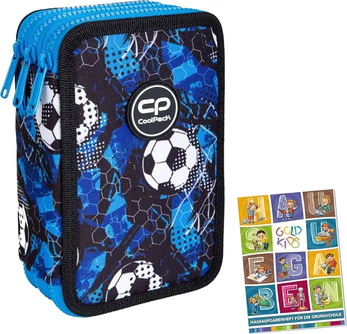 GOLDKIDS Federmäppchen SOCCER Fußball - 3-fache Federmappe mit 46 Teilen, ideal für Schüler, inklusive Buntstifte, Fasermaler und Schreibtischzubehör für kreatives Lernen.