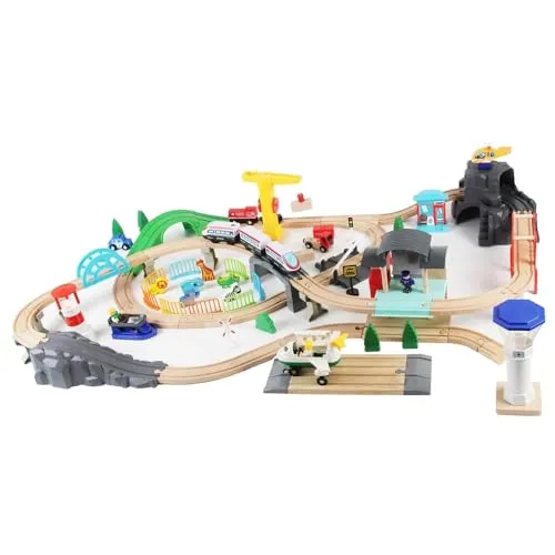 Bandits & Angels Holzeisenbahn-Set Transportthema 100 Teile ab 3 Jahren für Jungen und Mädchen – Holzeisenbahn-Set inklusive Zubehör – 100 Teile – Holzeisenbahn mit Zug, Kran, Flugzeug, Hubschrauber