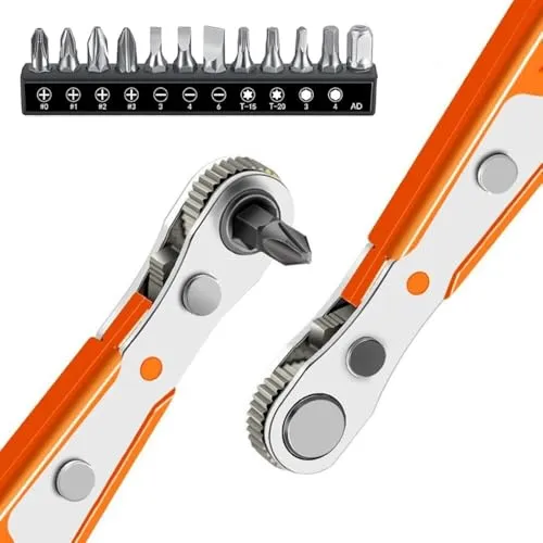 Ratschenschlüssel Magnetisch, 1/4 Zoll Ratschen Wendeschrauber mit 10 Stück Verschiedene Schraubendreher Bits, Mini-ratschen Schraubenschlüssel Winkelschraubendreher für Home Autoreparatur Motorrad