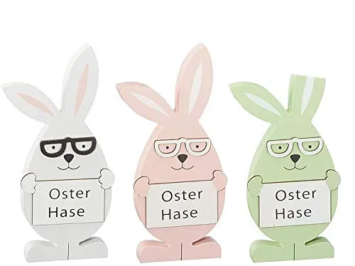 Hasen Figur Frohe Ostern mit Brille aus Holz H: 15 cm, 3er Set - Frühlingsdeko, Osterdeko
