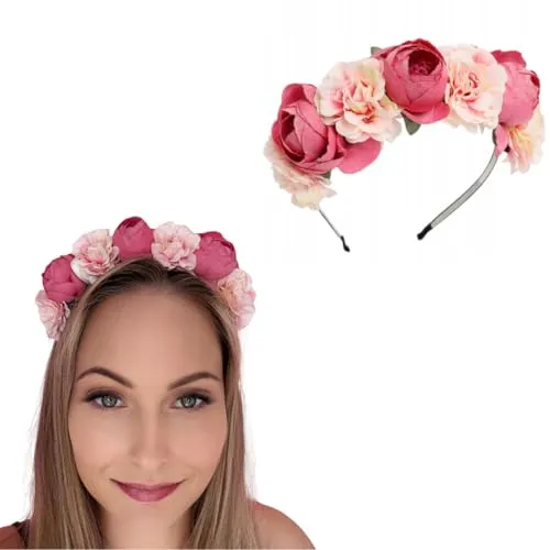Blumen Haarreif Damen Mädchen – Haarband mit Kunstblumen Kranz Stirnband – Blumenkrone Haarschmuck Hochzeit Festival Sommer Party Boho Flower Headband – Little Angel (Pink, Normal)