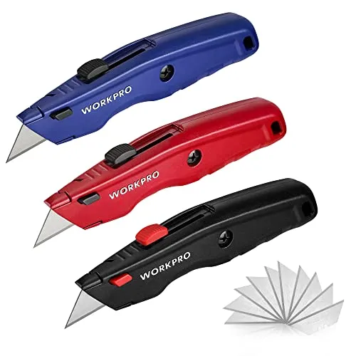 WORKPRO Premium Teppichmesser-Set, Einziehbarer Universalmesser aus Vollmetall, Strapazierfähiger Cuttermesser mit Schnellwechselklinge, mit 10 zusätzlichen Klingen, 3er-Set (Schwarz, Rot, Blau)