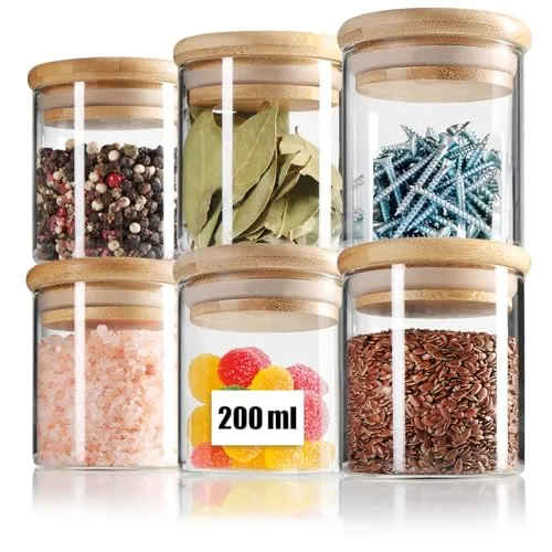 com-four® 6x Vorratsgläser mit Bambus-Deckel 200ml - Gewürzgläser aus Borosilikatglas mit luftdichter Aufbewahrung - Wiederverwendbare Runddosen 0,2L (6x 200ml)
