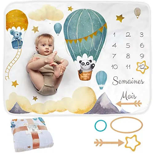 Baby Meilenstein Decke auf Französisch | Monatsdecke Baby Junge & Mädchen, Unisex | Motiv Luftballon | Personalisiertes Neugeborenen-Geschenk für Mütter | Babydecke | Meilensteindecke und Rahmen