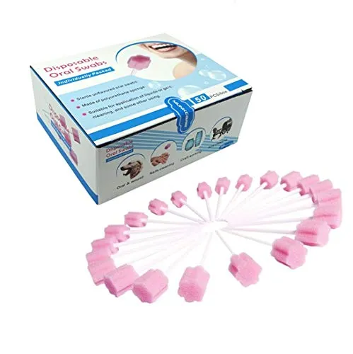 Xrten 50 Stücke Mundpflege Schwamm,Mund Wattestäbchen Einweg Mundpflegestäbchen(Rosa)