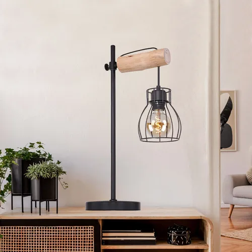Retro Tischlampe Holz und Metall Schwarz - Tischleuchte mit Gitter Design, höhenverstellbar und E27 Fassung für individuelle Lichtgestaltung. Ideal für jeden Wohnstil und energieeffizient mit LED-Lampen.