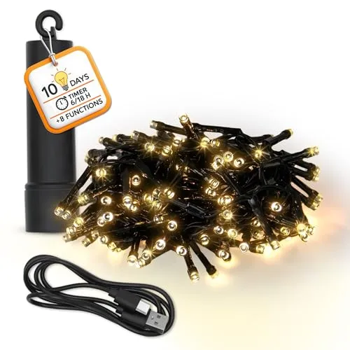 Spetebo Akku Lichterkette USB aufladbar bis 10 Tage Leuchtdauer mit Timer - 160 LED auf 4m - Außen Dekolicht warm weiß mit 8 Funktionen - Weihnachten Garten Pavillon Deko Beleuchtung wasserdicht