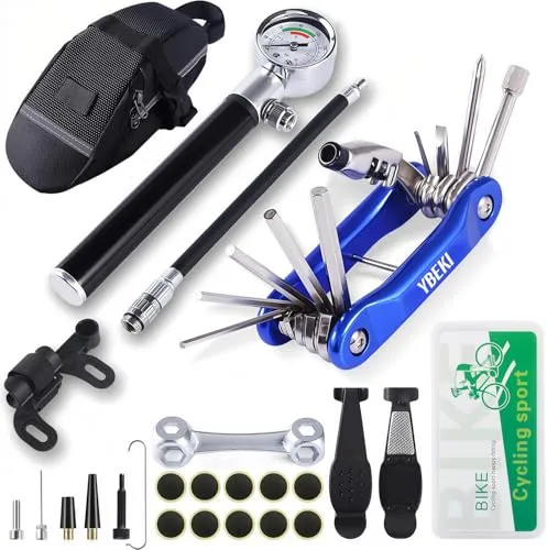 YBEKI Fahrrad Reparaturset mit 210 PSI Mini Pumpe & 10-in-1 Multitool – Inklusive Kettennieter, klebefreie Flickzeug, Reifenheber & Tasche – Für Rennrad, Mountainbike & BMX