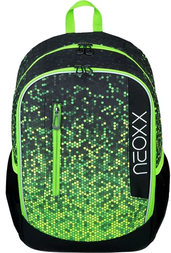 neoxx Schulrucksack Flow Pixel - Ultraleicht & Nachhaltig, Unisex, grün/schwarz - Schulrucksäcke mit nur 700 g Gewicht, hergestellt aus 100% recycelten PET-Flaschen. Ideal für Teenager, bietet viel Platz und Komfort.