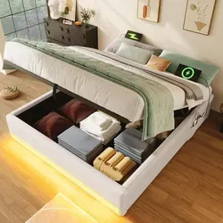 Polsterbett 140x200cm LED-Licht, USB-C, Stauraum, ohne Kopfteil, hydraulic - Beige