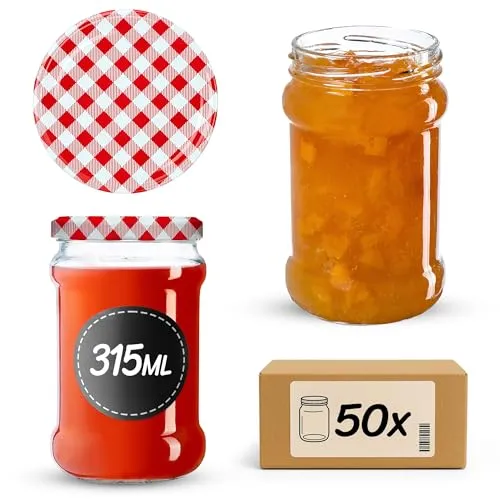 KADAX 50st Einmachgläser 315 ml mit fi66 mm Schraubdeckel für Honig, Dessert, Marmeladen | Luftdichte Gläschen, Einmachglas, Rundgläser, Konfitürengläser, Honiggläser (50 Stück, Rot kariert)