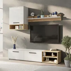 Ravio Wohnwand Vento 180 cm – Modernes Wohnzimmer Set - Moderne Wohnwand Vento 180 cm in Weiß matt und Eiche Artisan, ideal für kleine Räume. Das 3-teilige Set bietet praktischen Stauraum und eine gemütliche Atmosphäre.