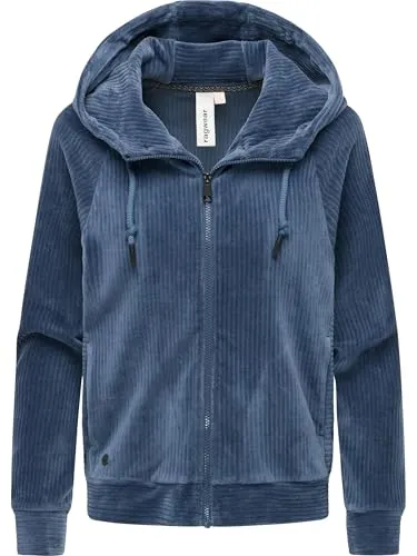 Ragwear Damen Cordjacke weiche Sweatjacke Zip-Hoodie Übergangsjacke aus weichem Kord in Samt-Haptik Corduly Cordy Indigo Blue Gr. L