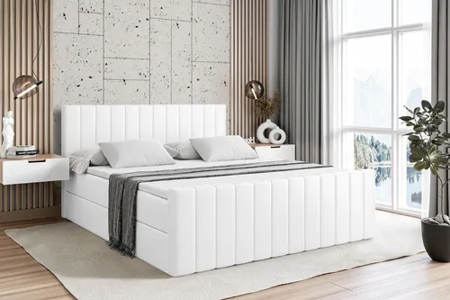 ALTDECOR Boxspringbett EDITA-Z 180x200 cm - Weiß Kunstleder - Bequemes Boxspringbett mit H3 Matratze und Topper, ausgestattet mit zwei Bettkästen für optimalen Stauraum und allergikerfreundlichen Materialien – ideal für erholsame Nächte.