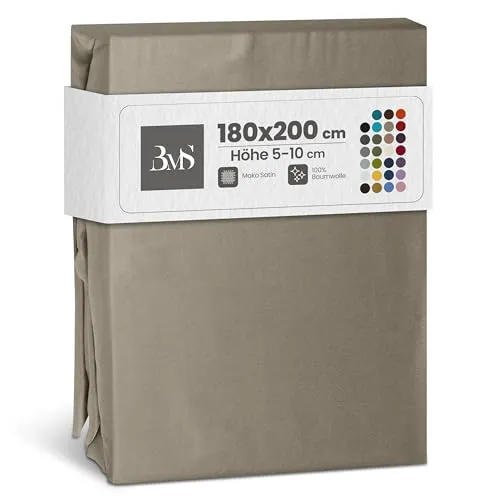 Bettwaesche-mit-Stil Mako Satin Spannbettlaken Spannlaken Spannbetttuch (180 cm x 200 cm, Matratzenhhöhe 5-10cm, Braun/Taupe)