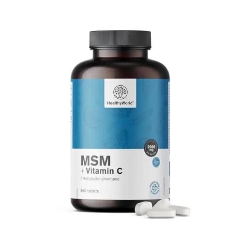 HealthyWorld® MSM 2000 mg - Mit Vitamin C - 365 Tabletten - 6 Monate Vorrat - Hohe Konzentration - 2000 mg pro Tagesdosis - Vegetarisch - Ohne Zusätze - Schönheitsmineral