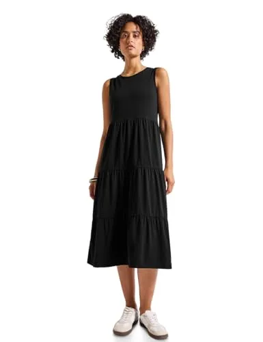STREET ONE Damen 1408844 Jersey-Kleid mit Volants, Black, 38 - Freizeitkleid für Damen, elegantes Midi-Kleid mit Rundhalsausschnitt, ideal für lässige Anlässe und bequem dank Baumwollmix mit Stretchanteil.